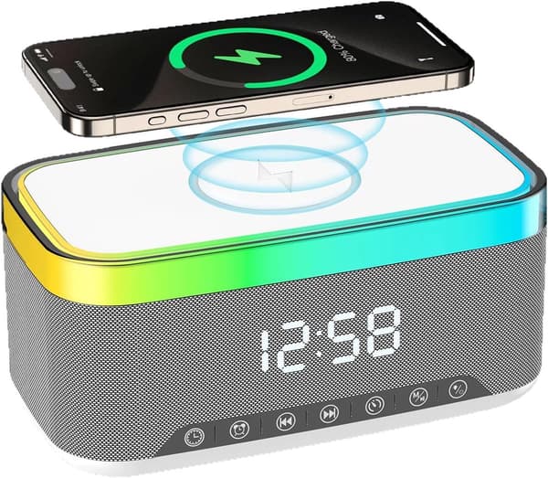 Digitaalinen herätyskello 15W langattomalla laturilla ja Bluetooth-kaiuttimella