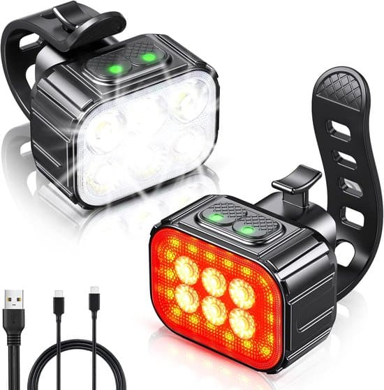 Sykkellys frontlykt, USB oppladbar, IP65 vanntett, LED med spotlight, 8+12 moduser, supersterk, for front- og baklys