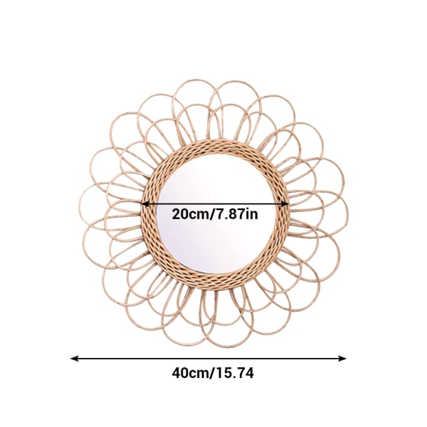 40 cm Henge-Speil i Rattan Solsikke Sirkulær Vegg Speil Dekor Boho Vikersminke Speil