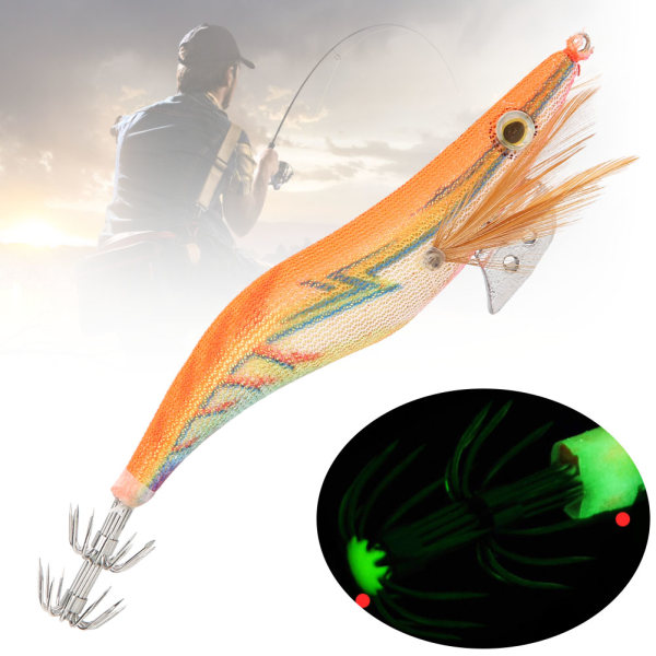 2 ST Lysande 3D-ögon konstgjorda bläckfiskkrok Fiskebete Trä Räkor lockkrokar