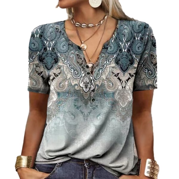 Dam T-shirt med kort krage sommarknappar , printed Casual löst sittande tröja Top Ocean Blue L