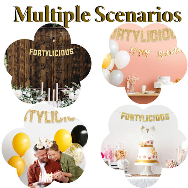 Onnellinen 40. syntymäpäivä -lippu, 1 kpl kultaisen glitterin lippu, Onnellinen syntymäpäivä -kyltti miehelle ja naiselle syntymäpäiväjuhliin, merkkipaalu syntymäpäiväjuhliin