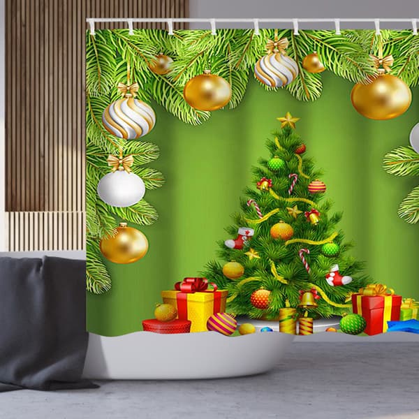 150x180cm Christmas Tree Pattern Shower Curtain Waterproof with Hooks Bathroom Decor