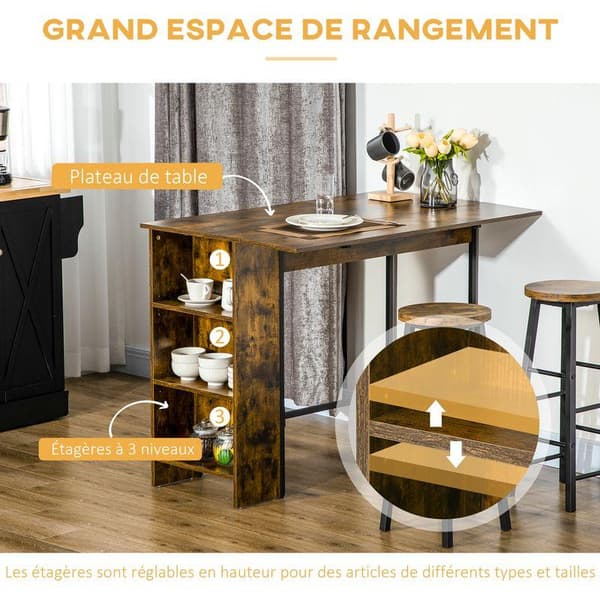 Sentral øyebord med sammenleggbar sidepanel og 3 hyller, 120 x 76 x 91,4 cm, Rustikk Brun