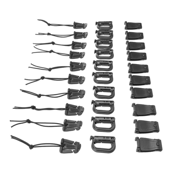 30-pack ryggsäcksremklämmor med D-ring, låsspännen och elastiskt sladdhanteringsset, svart