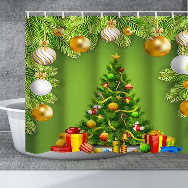 150x180cm Christmas Tree Pattern Shower Curtain Waterproof with Hooks Bathroom Decor