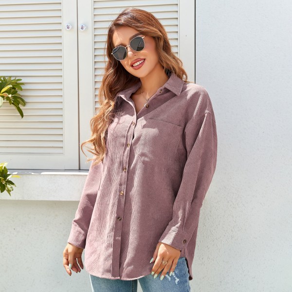 Kvindes Corduroy Skjorte Løstsiddende Casual Elegant Ren Farve Langærmet Knaplåse Bluse Toppe med Lomme Pink XL