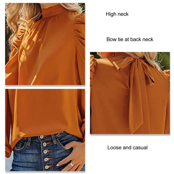 Kvinnor med lång puffärmad skjorta Moderiktig Elegant Lös Casual Pure Color Höghalsad blus för arbete Orange XL