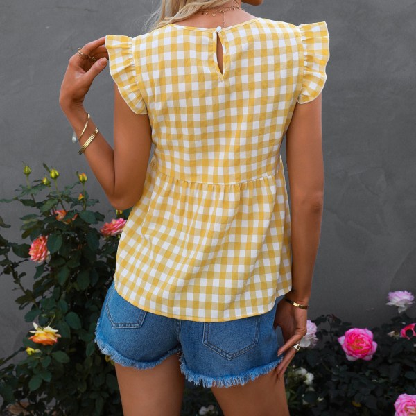 Kvinnors rutiga tryckta tank top med volangtrim, V-ringning, lös fåll, sommar casual ärmlös skjorta, gul XL