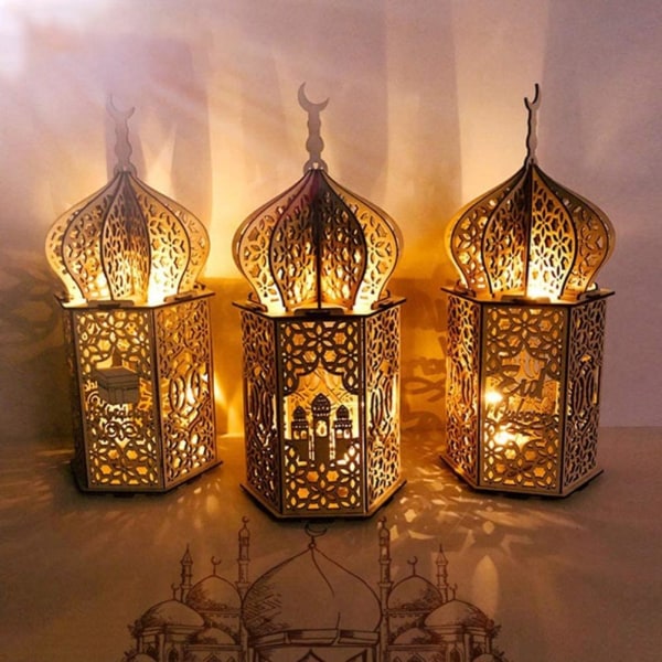 Ramadan LED-lampa Trä Eid Mubarak Moon LED-ljus Muslim Islam Dekorativ ljuslykta för heminredning