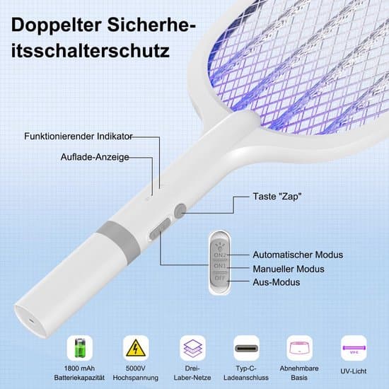 5000V sähköinen hyttysmaila, 2-in-1 USB Type-C hyttysmaila ladattavalla akulla ja UV-ansalla.
