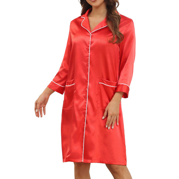 Kvinnor V-ringad nattskjorta Ren färg Snygg Elegant Knäppning Nattlinne Pyjamas klänning med ficka Röd L