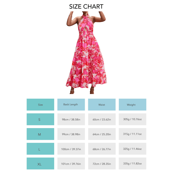 Sommerkjole til kvinder, rygløs, krydsende halterhals, ærmeløs, maxi-kjole til hverdagsbrug, rosarød, str. L