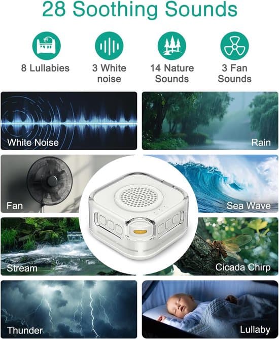White noise-maskin med 28 lyder, støydeteksjon og bærbar Bluetooth