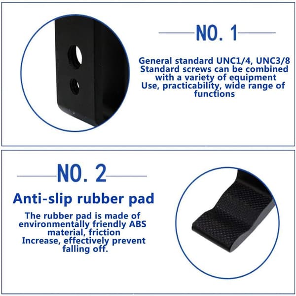 Universal C-klemme med 1/4\" og 3/8\" gevindhuller, velegnet til skrivebordsmonteringsbeslag.