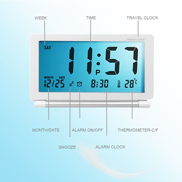 Digitaalinen matkakello paristoilla, LCD-näyttö, päivämäärä, lämpötila, torkkutoiminto, yövalo ja PU-nahkainen suojus