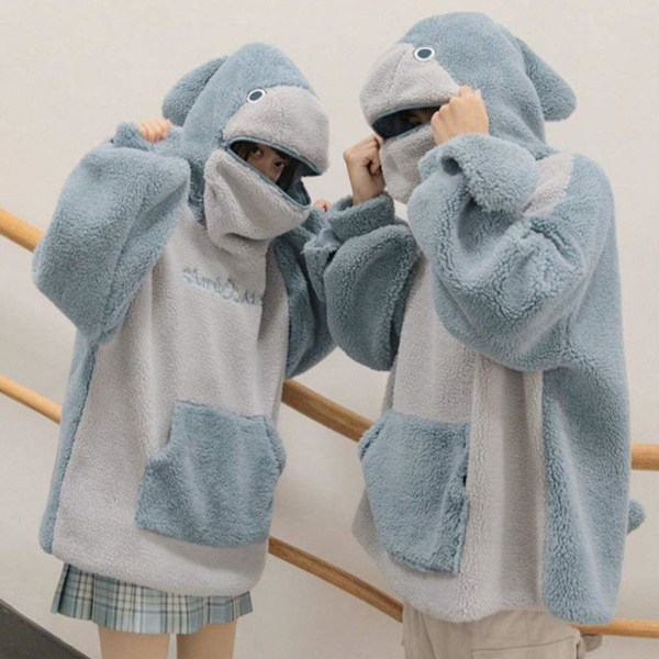 Hooded Sweatshirt Dam Hooded Shark Plysch Sweatshirt Furry Inner Fleece Lös Pullover Toppar Klädsel för par Hem