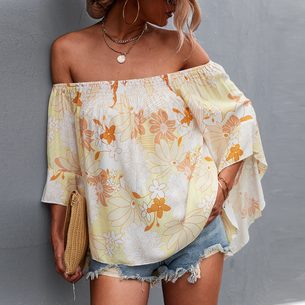 Kvinners Off Shoulder Topper Sommer Høy-Lav Hem Løse Klokkeermer Rynket Blomstertrykt Skjorte Bluse Gul M