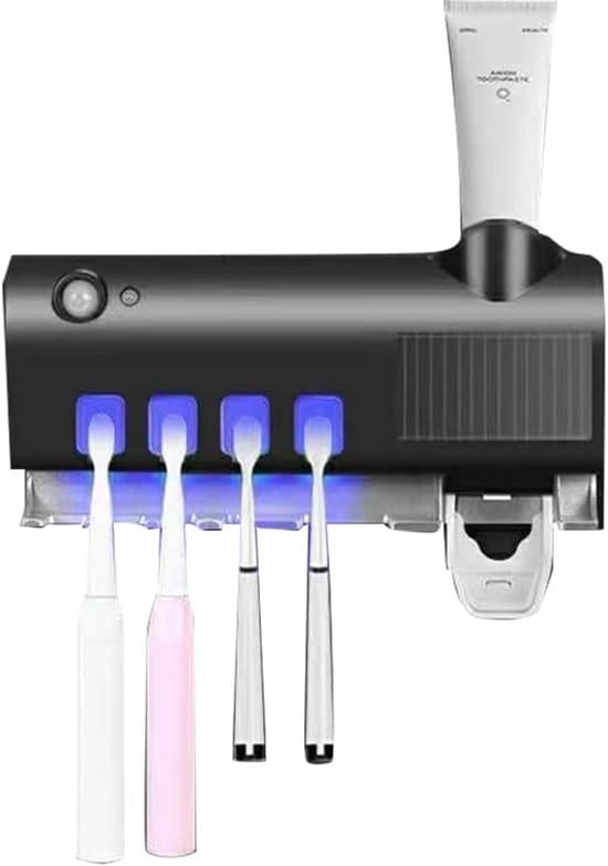 Wall Mounted UV Toothbrush Holder, Toothpaste Dispenser and Storage Rack, UV Toothbrush Sterilizer for Bathroom (Black)