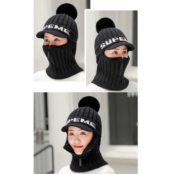 Vinterstrikket Hat og Halsklæde Sæt Beanie Zip Halsklæde Øreklapper Fleeceforet Ski med Pompom Vindtæt Termisk Hat Halsvarmer til Kvinder Mænd Ski Cykling