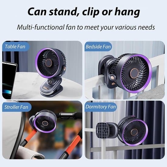 Rechargeable USB Mini Clip-on Fan, 5 Speeds, Oscillating, Quiet Portable Retro Style, Beige.