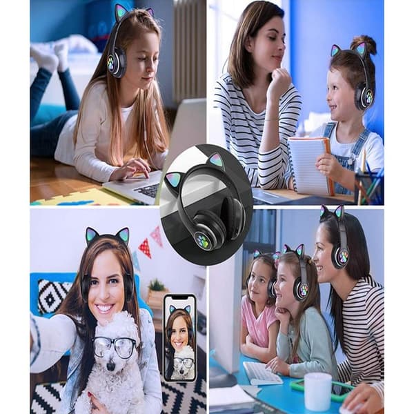Wireless headphones bluetooth radio fm mp3 cat ears led backlight - Black Black