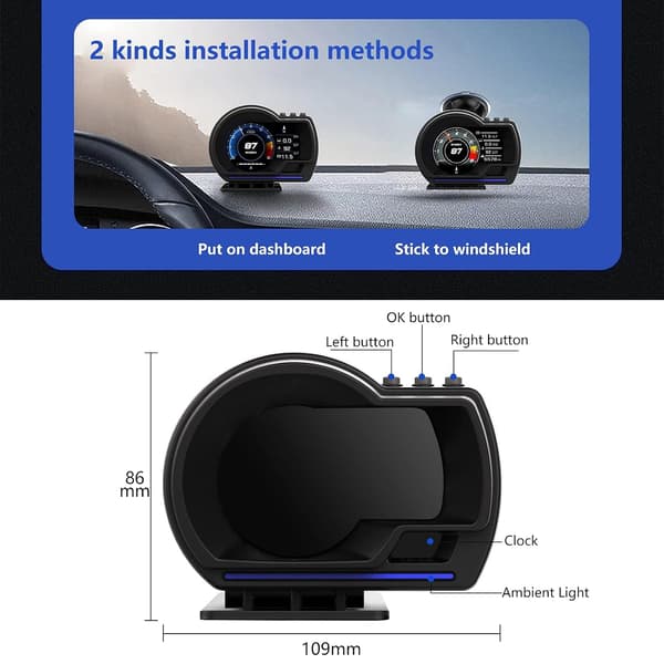 Dobbelt head-up display-system til biler, OBD-display i køretøjer, GPS-hastighedsmåler, egnet til alle køretøjer.