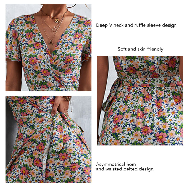 Kvinners Blomster Wrap Dress V-Hals Midje Beltet Rufflet Erme Asymmetrisk Hem Sommer Lang Kjole Blå Rosa S