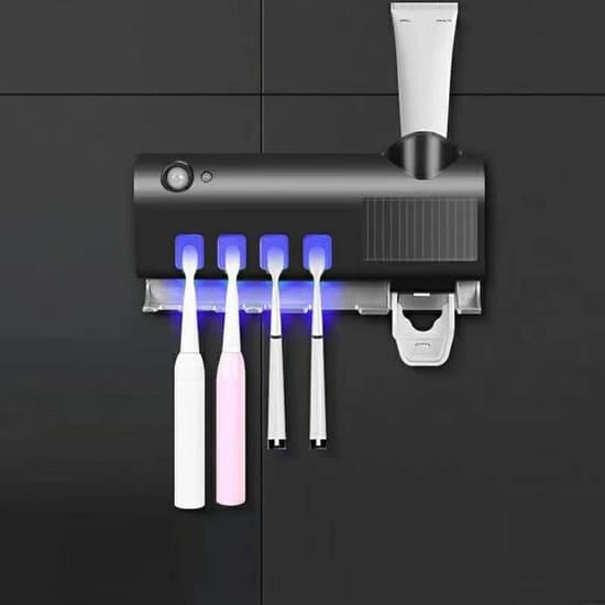 Wall Mounted UV Toothbrush Holder, Toothpaste Dispenser and Storage Rack, UV Toothbrush Sterilizer for Bathroom (Black)