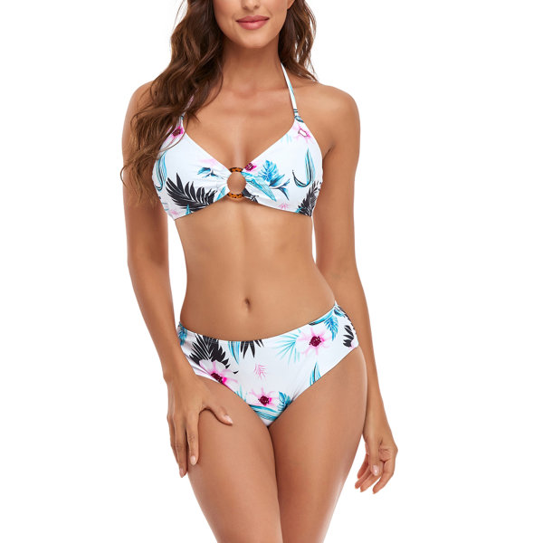 3 stk. Kvinders Bikini Sæt Halter String Wrap Top Højtaljet Bikini Bund Sæt med Cover Up Strandskørt Hvid L