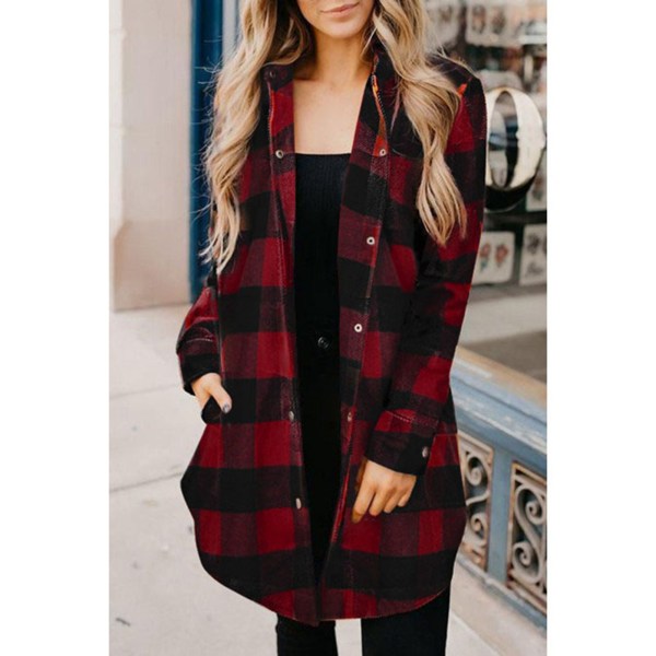 Autumn Winter Women Plaid Lapel Long Sleeves Collar Coat Casual Mid Length Shirt for Club Holiday Everyday Wear Red XL