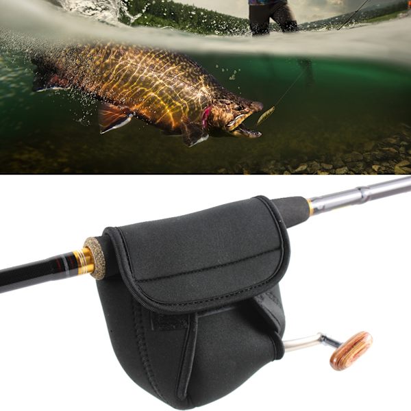 Bärbar spinnrulle väska skyddande mjukt lock elastiskt med kardborreband fiskeutrustning svart(L)