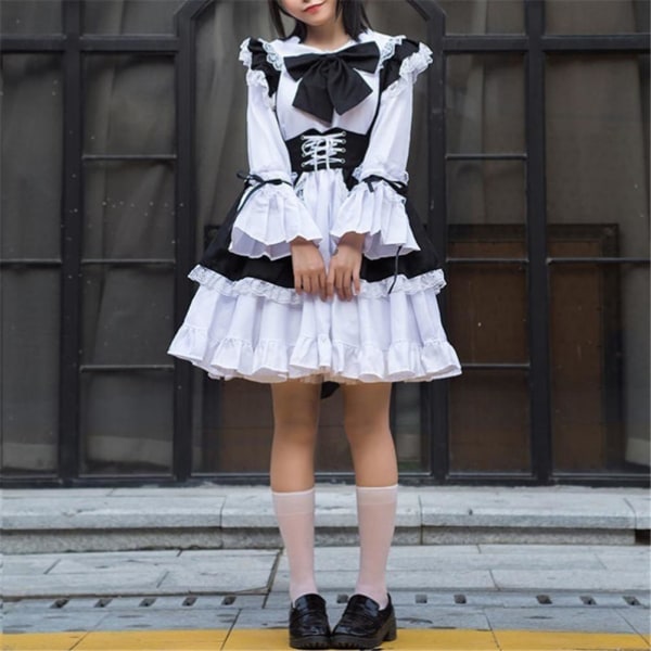 Kvinnor Maid Outfit Anime Lång Klänning Svart och vit Förkläde Klänning Cosplay Kostym för fyra säsonger