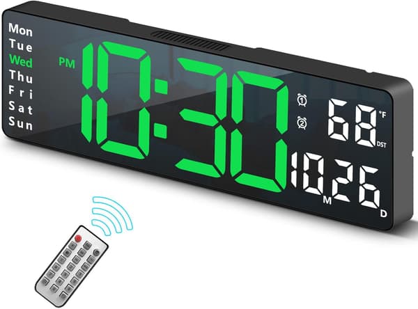Digital Clock, Decorative Digital Wall Clock for Living Room, Desk Alarm Clock for Bedroom, Large Wall Clock with Remote Control, Green