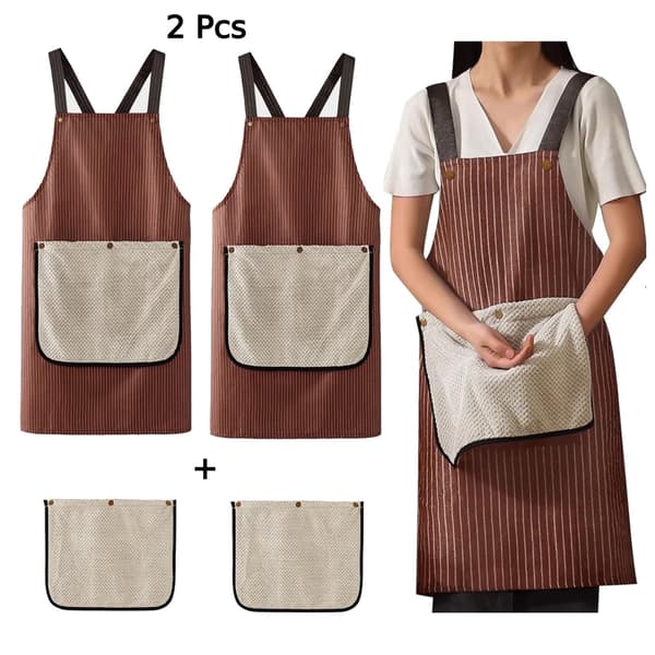 Two-piece kitchen apron set - comes with two removable towels - baking and cooking apron - chef apron with cross strap - unisex - brown