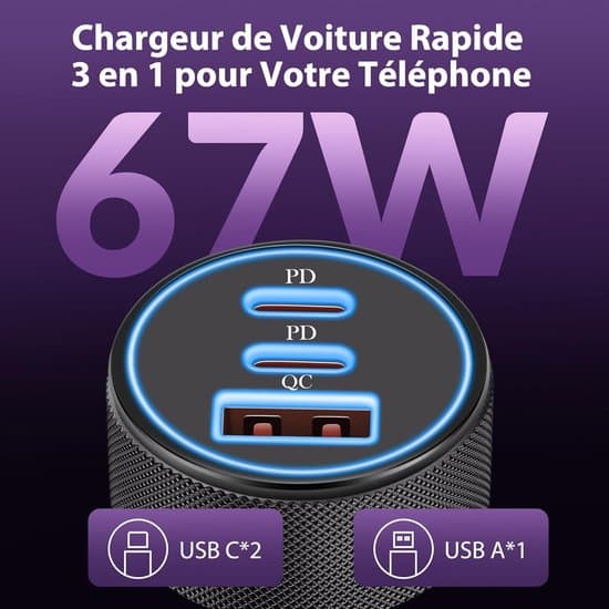 67W USB-C billader med 3 porter, USB-C/USB-A PD/QC billaderadapter, 12V hurtiglading egnet for iPhone 16/16e/15/14/13 Pro Max, Samsung