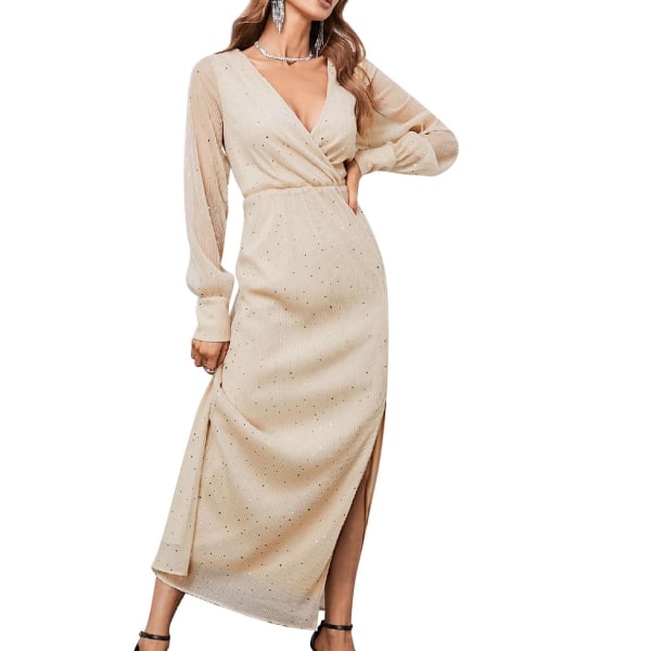 Klänning V-ringad Långärmad Pure Color Bodycon Elastisk midja Ankellängd Klänning för Lady Apricot XL