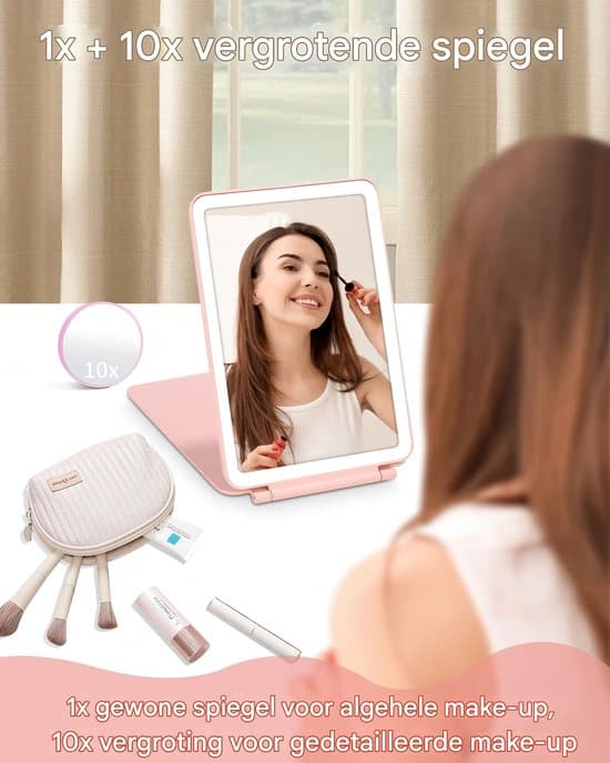 Makeup Mirror - with lighting - beauty and skincare - rechargeable touchscreen - 10x magnification - pink