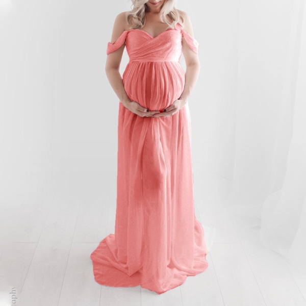 Maternity Kjole Lang Off Shoulder Elegant Stilig Løst Hem Gravid Kvinne Kjole for Brudebutikk Skyting Fruktig Rosa M