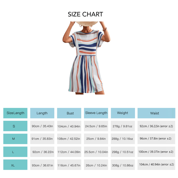 Kvindesommerkjole med korte ærmer, stribet print, rund hals, afslappet stil, løs kjole, orange og hvid, str. S