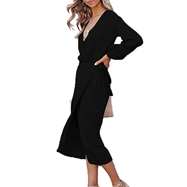 Kvinnors långa klänning elegant V-ringning långärmad enfärgad slitsad fåll stickad klänning med bälte svart L