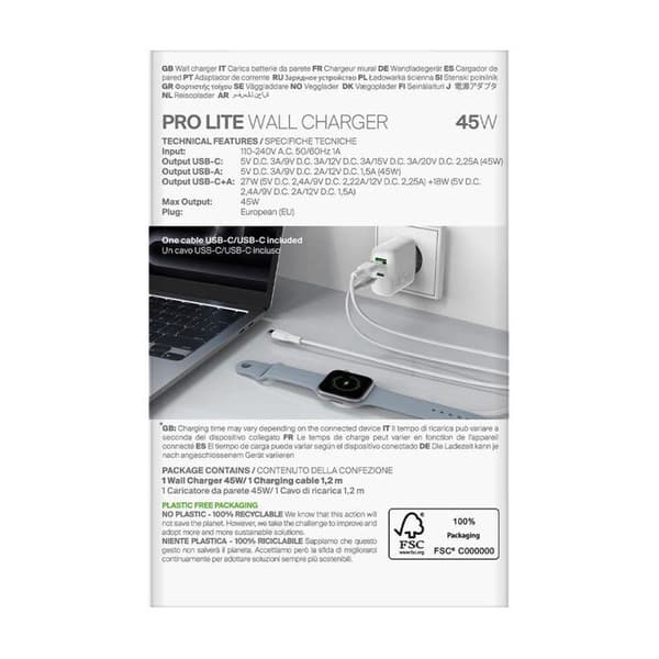 45W USB-C/USB-A PD Väggladdare med USB-C-kabel - Vit