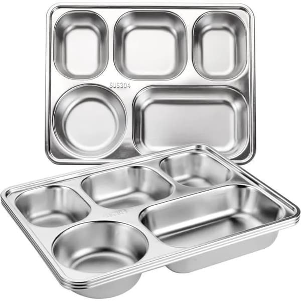 Dinner Plate, 3-piece Rectangular Divided Stainless Steel Tray, 5 Compartments, Suitable for Adults, Children, and Picky Eaters.