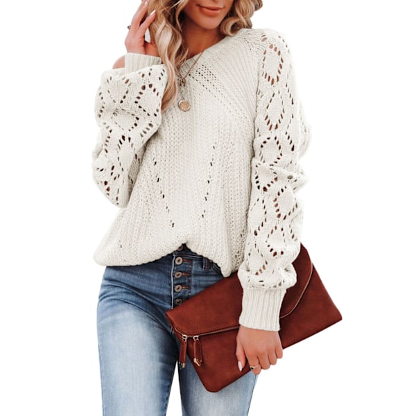Dame Rundhals Hult Knit Trøje Stilfuld Elegant Ren Farve Lang Puff Ærme Hæklet Trøje Hvid XL