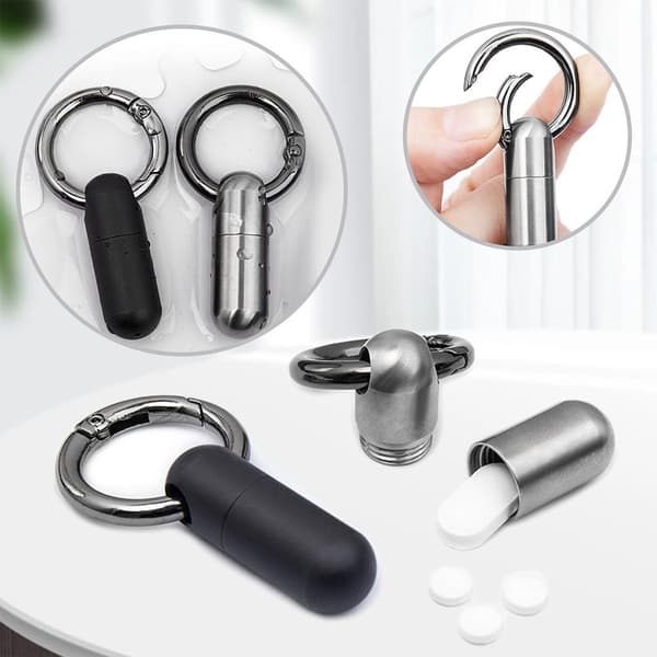 2-pack mini titanium pill boxes with keychain, waterproof metal pill boxes, travel pill boxes with keychains