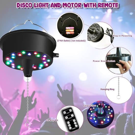 Remote Control Rotating Disco Ball Motor, Adjustable Speed 5-10 RPM, 23 LEDs, for 6-15 inch Mirror Spinner