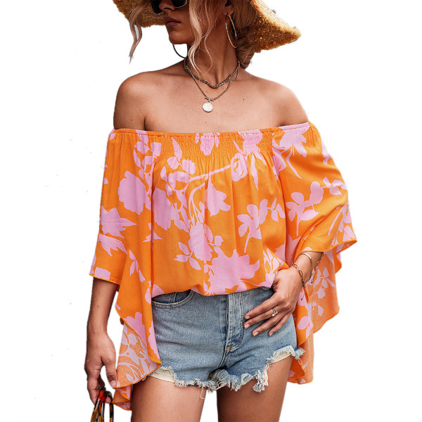 Women Off Shoulder Tops Summer High Low Hem Loose Bell Sleeve Shirred Floral Print Shirt Blouse Orange XL