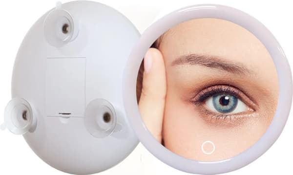 LED Magnifying Mirror with Suction Cups - Three suction cups attach to an LED-illuminated makeup mirror with 10x magnification.