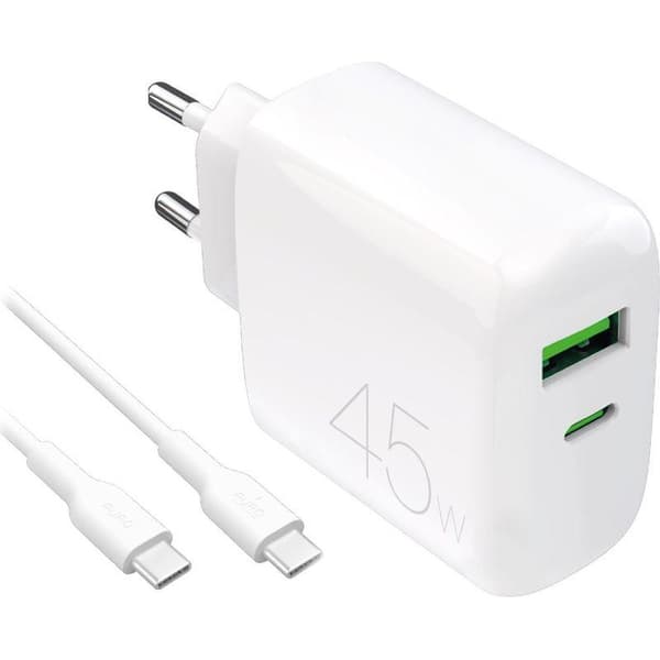 45W USB-C/USB-A PD vægoplader med USB-C-kabel - Hvid