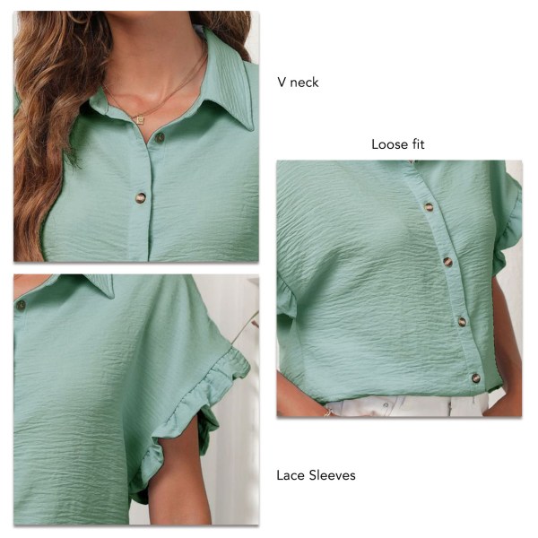 Kvinnor Button Up-skjortor Casual V-hals Spetsärmar Topp Polyester Pure Color Basic Skjorta för Working Shopping Ärtgrön XL